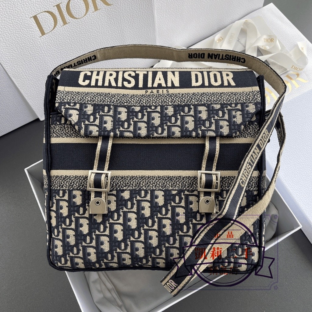 【二手】Dior 迪奧新款海軍藍 Oblique 刺繡 中號 DIORCAMP 肩背包 郵差包