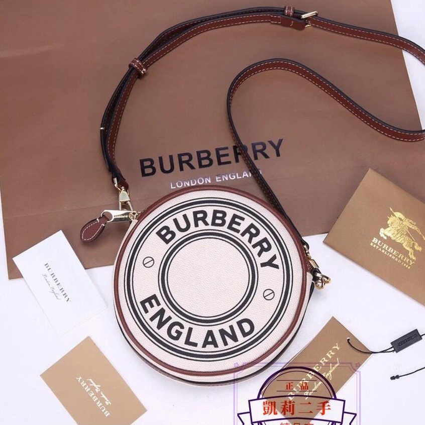 【二手】BURBERRY LOGO 標誌圖案棉質帆布 Louise 圓餅包 側背包 80276021