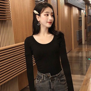 TK推薦✈黑色春秋圓領打底衫女內搭修身長袖T恤新款百搭緊身上衣長袖上衣 女裝 衣服 寬鬆上衣 顯瘦上衣 長袖t恤