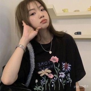【胖丫女裝】大尺碼女裝 女裝 短袖 T恤100%純棉花朵落肩印花短袖T恤女新款夏季寬鬆潮牌設計感上衣ins