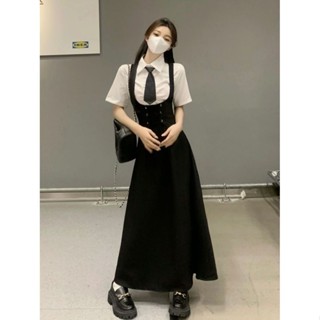 【Free Girl】學院風寬鬆收腰顯瘦吊帶連衣裙子女學生中長款背帶裙 背帶裙 吊帶裙 連身裙 寬鬆連衣裙 無袖裙子