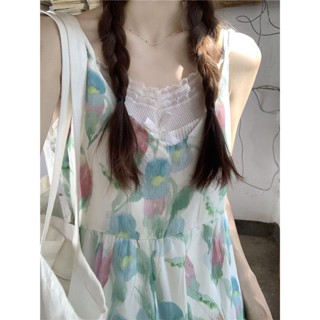 小可傢服飾~度假風洋裝 暈染洋裝 弔帶洋裝 長款連衣裙 女夏季 法式洋裝 複古洋裝 寬鬆洋裝 時尚 印花 中長裙子