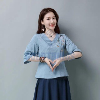 【GOODTHINGS】民族風棉麻上衣茶服 V領斜襟復古盤扣五分袖t恤女 夏季短袖t恤 大尺碼女裝 短袖上衣寬鬆上衣短袖