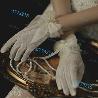 《滿199出貨》優雅赫本風女婚紗結婚 影樓短款 新娘韓式白色蕾絲 花朵珍珠輕紗手套@@@