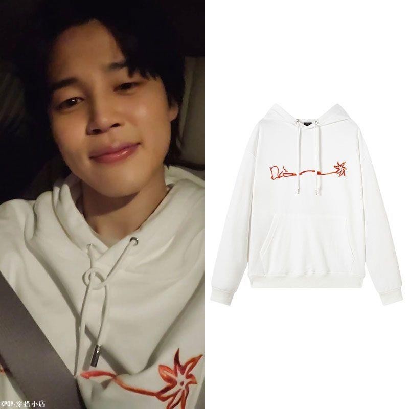 KPOP 防彈少年團jimin樸智旻同款衣服寬松印花落肩套頭連帽衫外穿衛衣