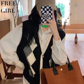 【Free Girl】新款菱形格子v領針織馬甲疊穿毛衣坎肩寬鬆百搭外穿 無袖背心 無袖外套 馬甲背心 外穿上衣