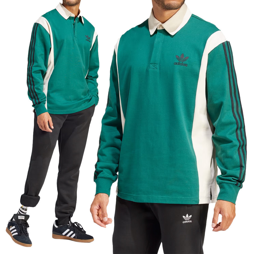Adidas Rugby Shirt 男款 綠色 POLO衫 三葉草 經典 復古 休閒 長袖 IU0210