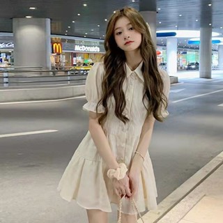 妞妞美🌈洋裝 女裝 純慾襯衫連衣裙女設計感小眾夏季新款辣妹泡泡袖小個子短裙子 連衣裙子 白色洋裝 夏季洋裝 女生夏季裙子