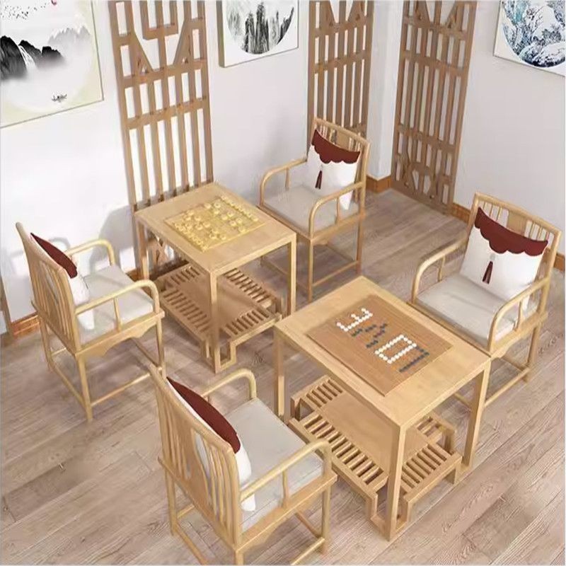 象棊圍棊兩用棊桌椅實木桌椅組閤國學館原木色棊牌桌椅