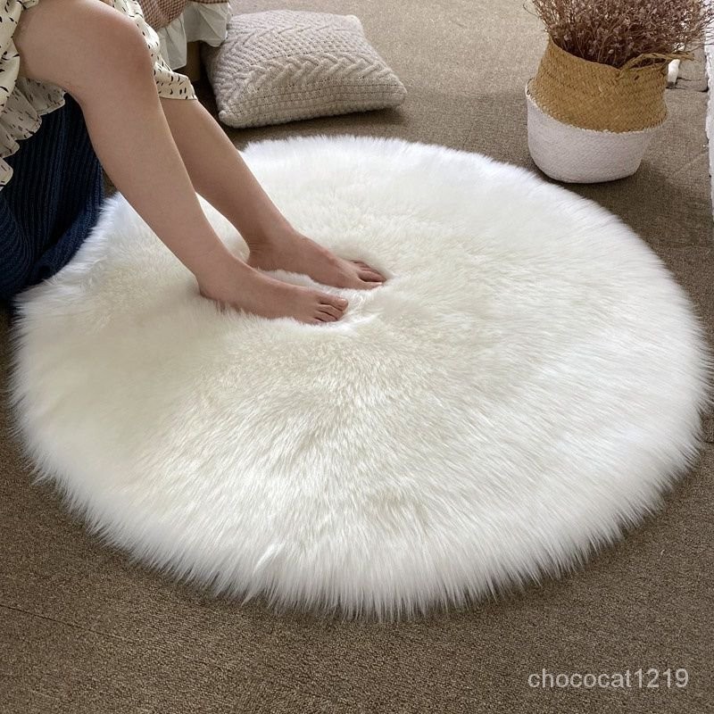【臺灣出貨】長毛圓形地毯客廳地墊仿羊毛電腦椅子毛毛圓地毯臥室床邊毯白色 INI5