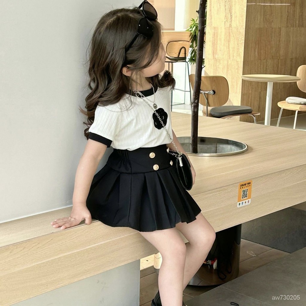 爆款💋韓版女童學院風套裝網紅2024夏季新款小女孩短袖T恤半身裙兩件套 W0JT