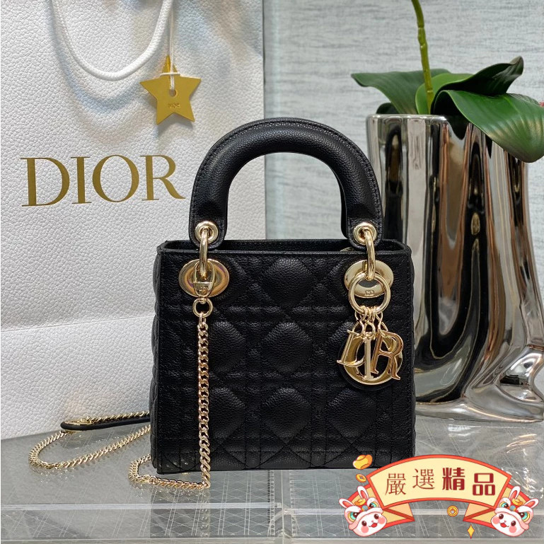 二手 Dior（迪奧）LADY DIOR MINI 黑色牛皮球紋金扣 迷你三格戴妃包 斜背包 手提包