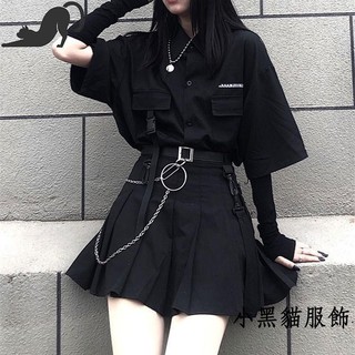 黑貓 單/套裝夏季韓版2023新款百搭暗黑系寬松BF襯衫上衣女時尚兩件套 黑貓