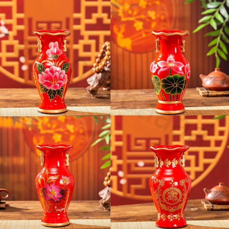 潮州陶瓷花瓶 佛堂荷花蓮花佛前供佛花瓶 花瓶佛具 神明花瓶 神桌花瓶 佛堂花瓶喜慶中國紅小花瓶結婚用品 牡丹招財進寶擺瓶