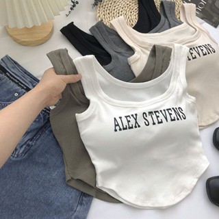 美式復古彈力吊帶背心女 遮副乳 純棉背心 字母印花 緊身辣妹外搭背心 胸墊背心 小可愛 胸墊上衣 無袖上衣 短版上衣