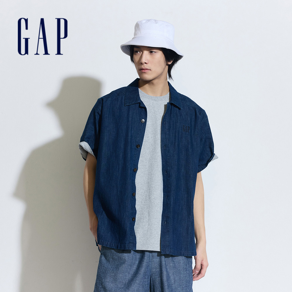 Gap 男裝 Logo亞麻翻領短袖襯衫-深藍色(885844)