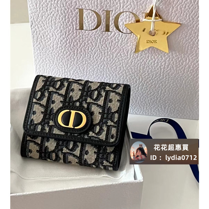 (二手品）Dior 迪奧 30 Montaigne 蒙田 S2057老花刺繡 /卡夾/零錢包 三折短夾/錢包