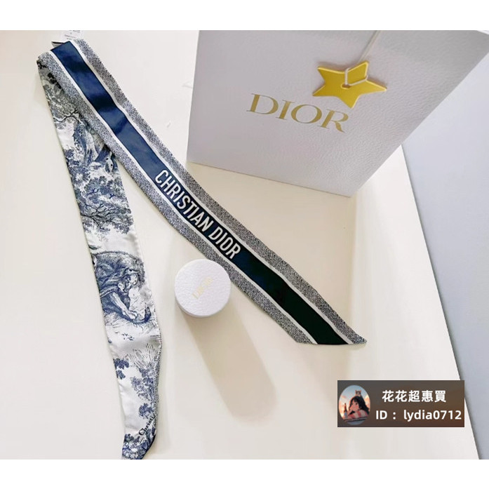 (二手品）Dior Oblique 動物 絲巾 深藍色/粉色 領巾 束髮帶 包包飾品 超好看款