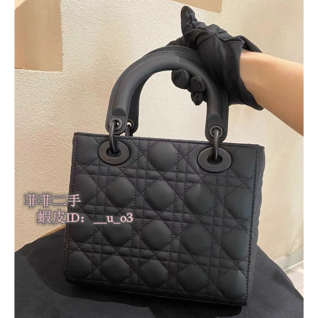 精品 DIOR 迪奧 LADY DIOR 系列 三格戴妃包 鏈條手提包 羊皮金扣藤格 迷你 黑色 斜挎包