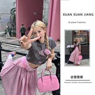小可傢服飾~ 套裝女 2024夏季新款甜辣風減齡印花短袖上衣高腰顯瘦格子半身裙