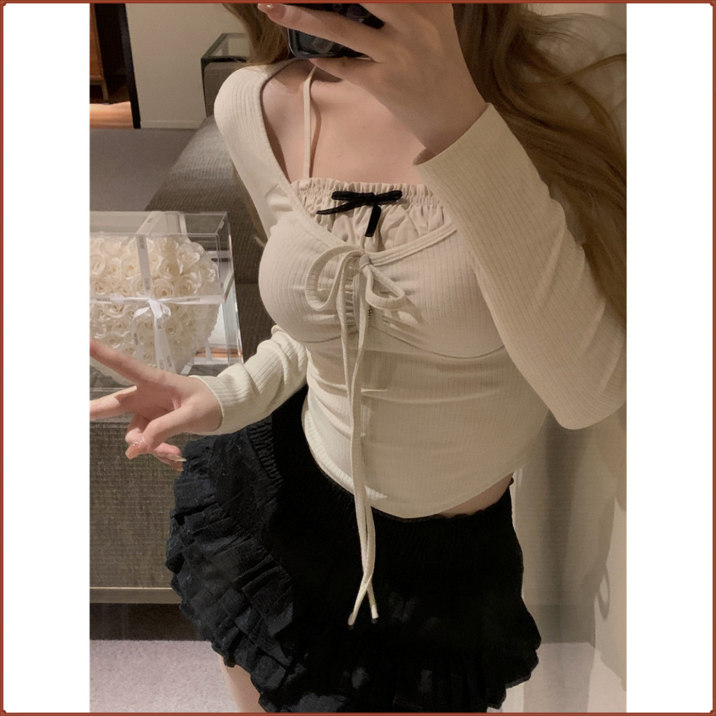 夢境芭蕾假兩件綁帶顯瘦上衣 長袖短版上衣+繆斯蛋糕完美比例短裙 長袖套裝