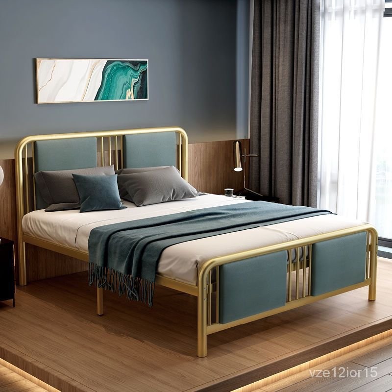 【廠傢直銷】現代簡約輕奢新中式鐵藝床1.2米1.8米金色軟靠鐵床架金屬雙人鐵床雙人鐵藝床架 鐵藝床架 雙人床架