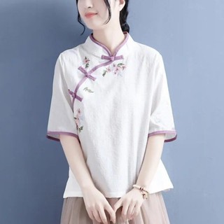棉麻上衣💕 國風繡花半袖女盤扣旗袍上衣中式改良夏仿棉麻禪意茶服漢服 棉麻襯衫 大尺碼襯衫 大尺碼上衣