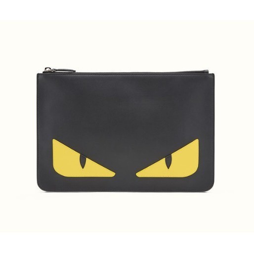 二手 FENDI Pouch 黑色 防刮 牛皮 黃眼 魔魔 怪獸 拉鍊 手拿包 7N0078 代購