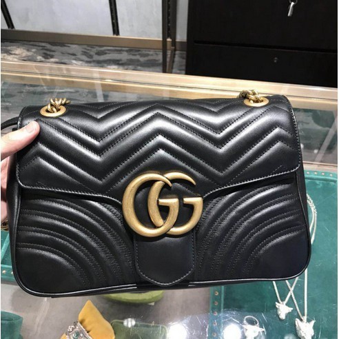 二手 Gucci 443496 GG Marmont matelassé 大款 31CM 雙鏈包 黑色現貨