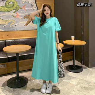 【大尺碼女裝M-5XL40-150kg】胖mm大尺碼女裝2-300斤夏季裝寬鬆短袖T恤遮肚顯瘦洋裝減齡A字裙女