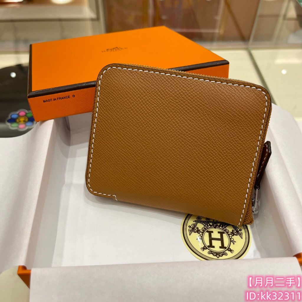 【二手】HERMES 愛馬仕 Silk in 37 gold 金棕 大象灰 駝色 絲巾 拉鍊 6卡 零錢 短夾