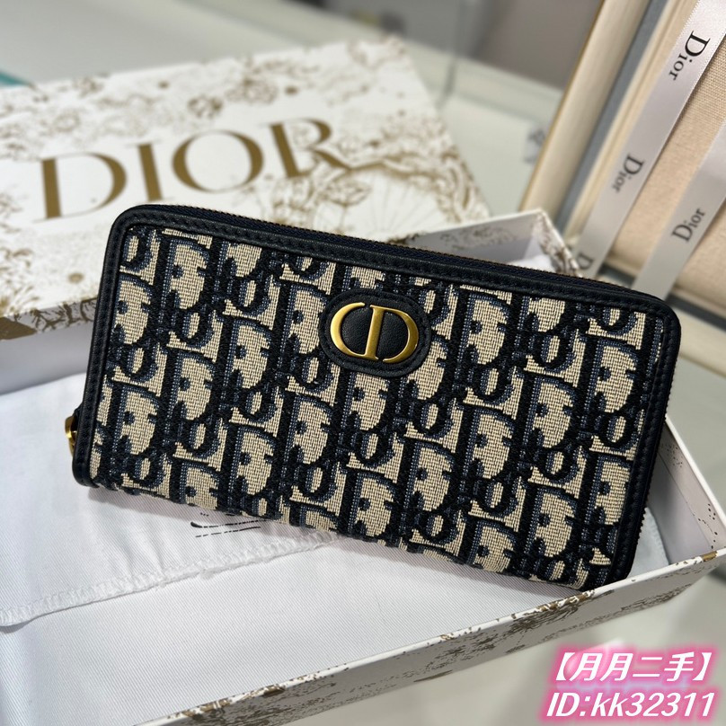 【二手】Dior 迪奧 Montaigne Oblique 30 刺繡老花 蒙田 長款 拉鏈錢包 長夾 手拿包 皮夾
