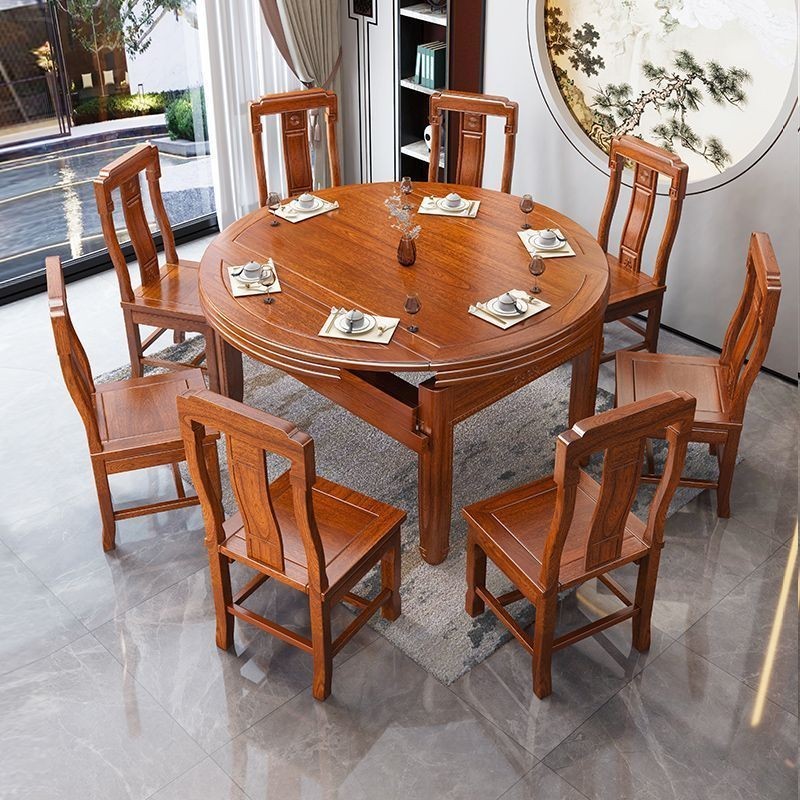印尼花梨木全實木餐桌椅組閤傢用仿古圓桌傢用新中式高檔喫飯桌子