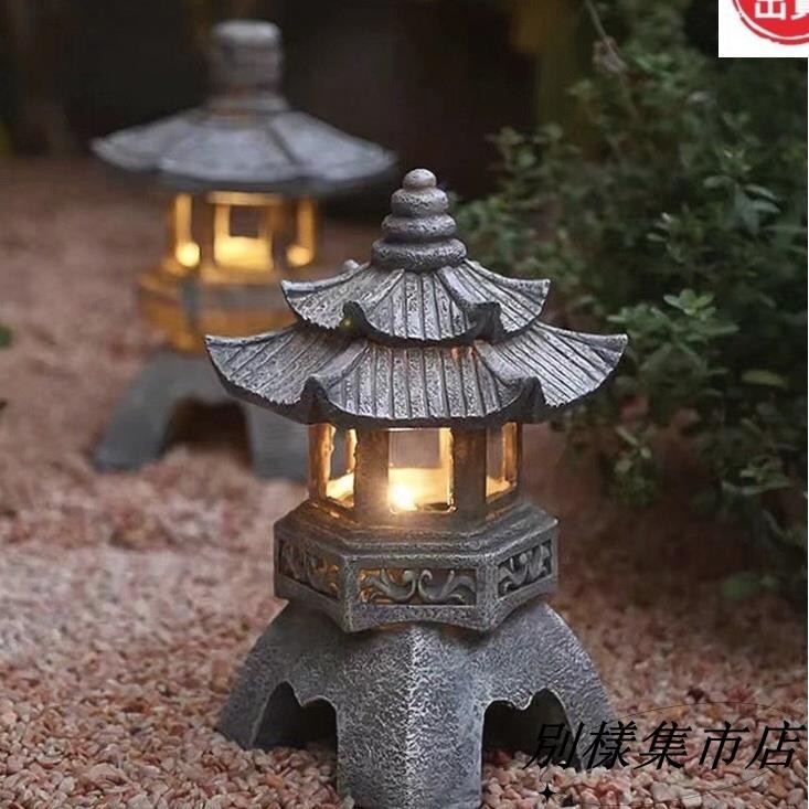【高CP值】中式日式太陽能燈禪意石塔裝飾擺件花園庭院樹脂小宮燈雕塑佛具戶外燈
