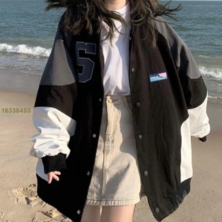 長袖外套 限時 韓版拼色港味女學生復古百搭 紐扣螺紋印花夾克工裝外 常規款長袖寬鬆棒球領棒球服 <過去adLg> 秋冬