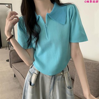 Polo衫🎀夏裝拉鏈短袖POLO領針織衫女設計感百搭顯瘦短款學生上衣2024新款