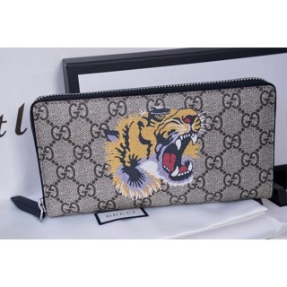 二手 Gucci 451273 TIGER PRINTED GG SUPREME WALLET 虎頭拉鍊長夾