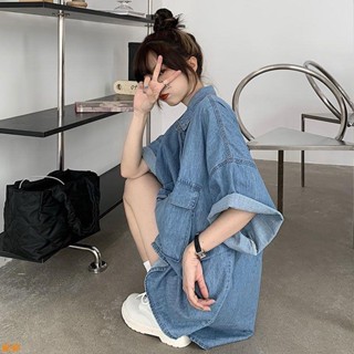 蘇蘇💦大尺碼襯衫 短袖襯衫 休閒襯衫 大碼女裝 牛仔襯衫女夏季薄款bf復古寬松中長款半袖襯衫短袖上衣外套潮日系顯瘦百搭