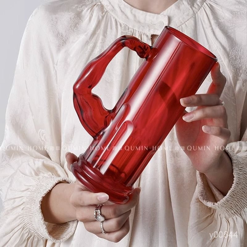 趣皿創意大容量玻璃杯大力士果汁杯紅色帶把高顏值水杯ktv啤酒杯