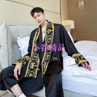🔱小谷1🔱宮廷風印花輕奢緞面收腰寬鬆風衣男士韓版高階感垂墜感浴袍睡衣外套gdfg