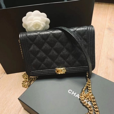 卓梵二手精品 CHANEL 香奈兒 A80287 小牛皮荔枝紋 黑色 boy chanel 金鏈釦CC LOGO WOC