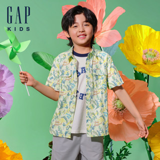 Gap 男童裝 Logo純棉小熊印花翻領短袖襯衫-淺綠色(890513)