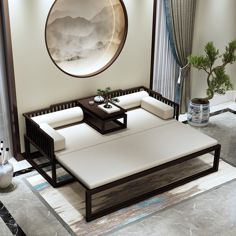 工業風 北歐風 傢具 新中式羅漢床 推拉床 實木榆木小戶型家具組合 沙發床 可伸縮貴妃床榻