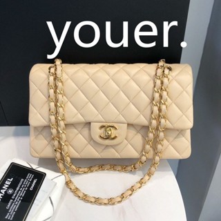 精品二手 CHANEL A01112 羊皮 荔枝皮 奶茶色 雙金鍊 翻蓋包 25 cm 鏈條包 COCO