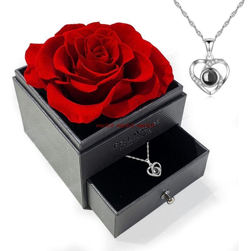 單朵亞克力永生花禮盒真玫瑰花項鏈禮盒情人節抽屜首飾花盒