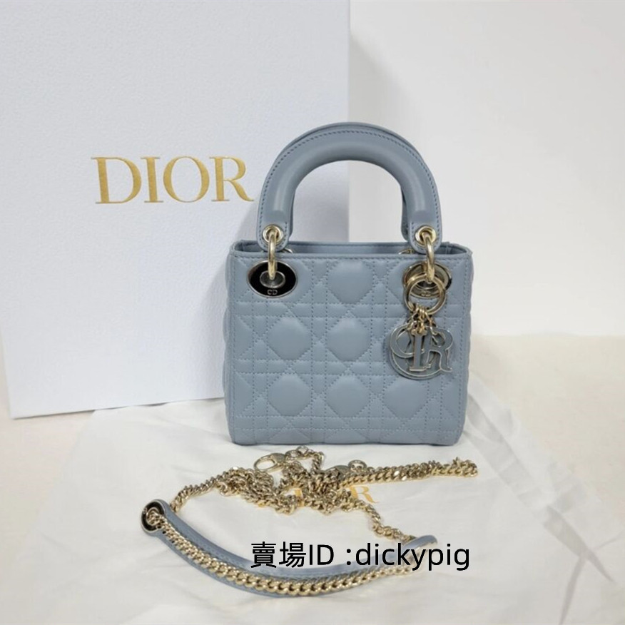 二手 Dior 迪奧 三格戴妃包 LADY DIOR系列 迷你 藤格紋羊皮 霧霾藍 琺瑯扣 單肩手提包 斜背包 鏈條包