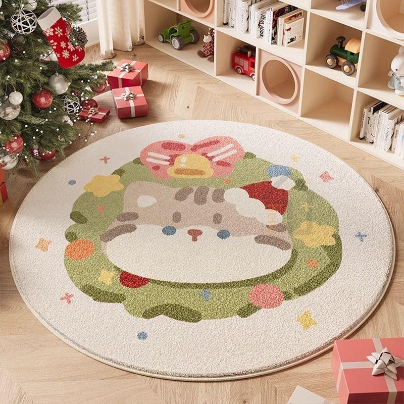 圓形圣誕樹地毯圣誕風卡通地墊喜慶節日氛圍紅色腳墊臥室裝飾布置