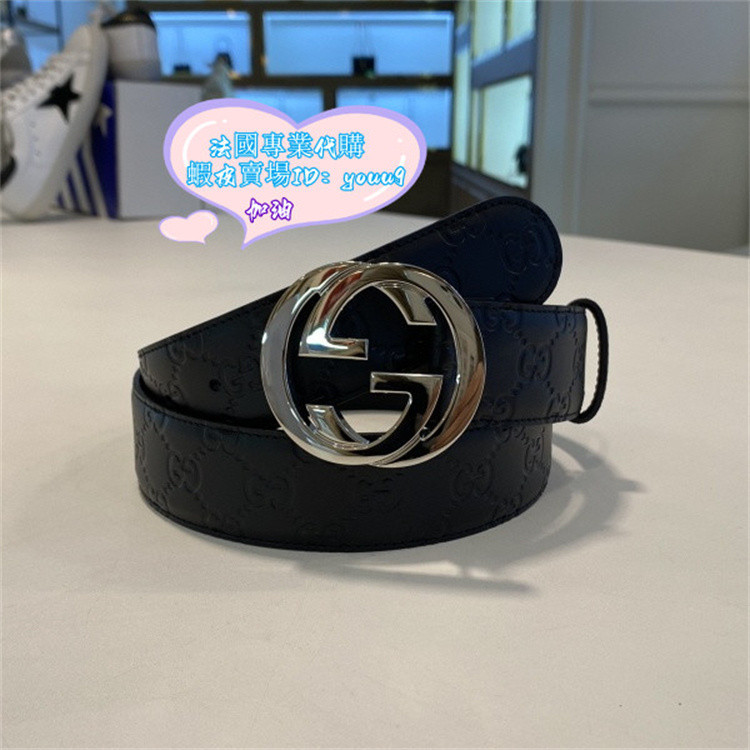 現貨+免運 GUCCI 古馳 Signature 411924 黑色雙G印花紋皮帶 腰帶 男士皮帶