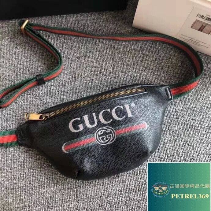 二手 GUCCI 黑色 綠紅綠 牛皮 腰包 胸口包 527792