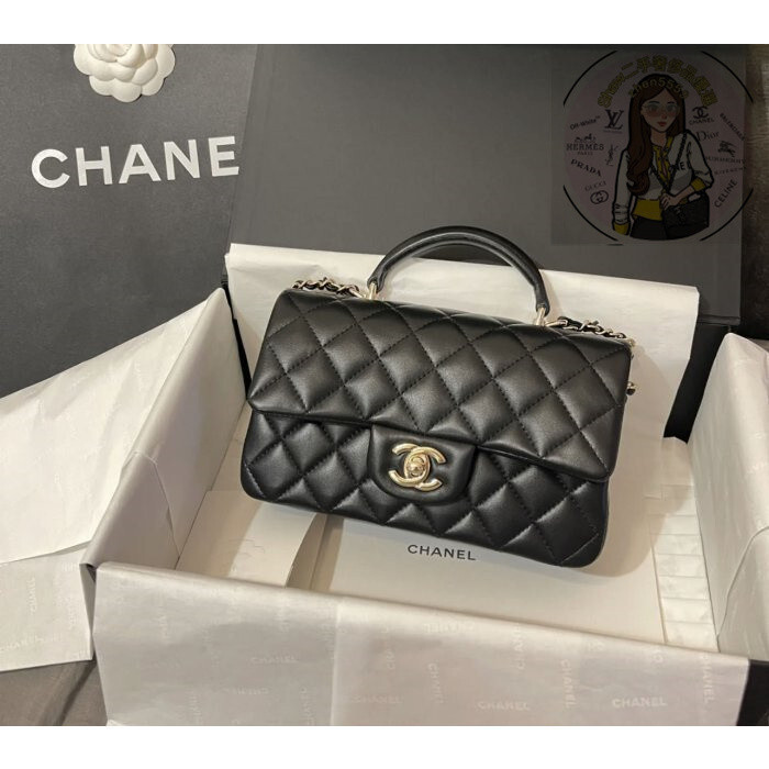 精品 CHANEL 爆款 黑色 小羊皮 淡金鏈 提把 mini coco 20 AS2431 現貨